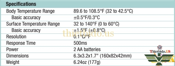 Thông số kỹ thuật của máy đo nhiệt độ cơ thể Extech IR200